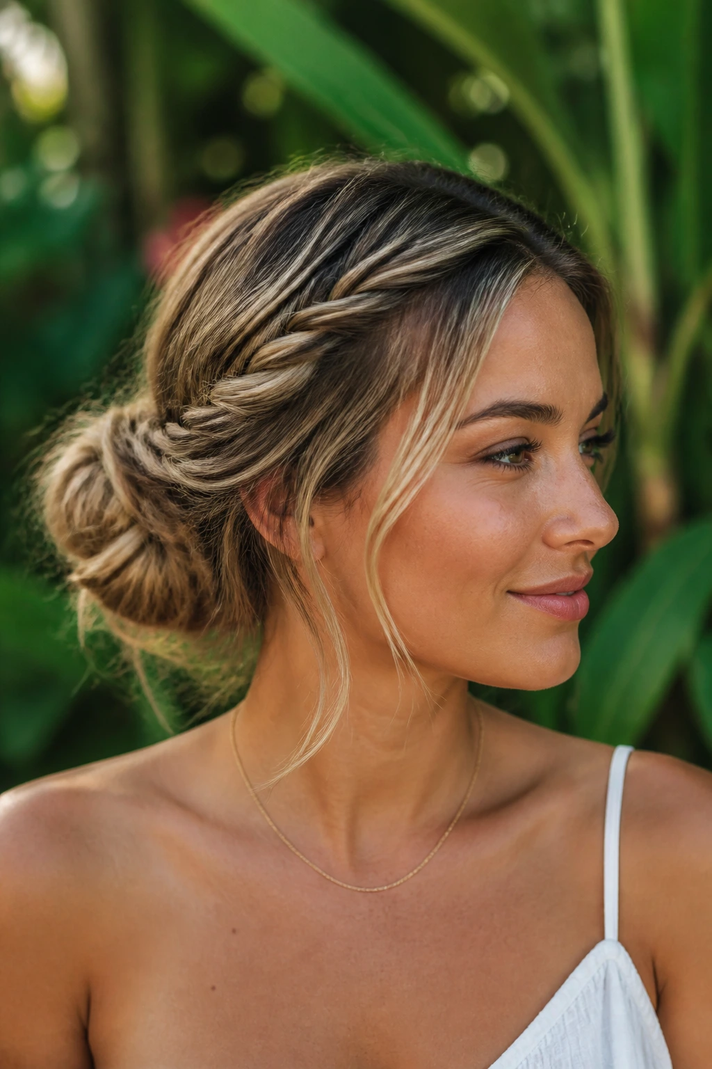 Portrait of a woman with twisted headband updo in a tropical garden