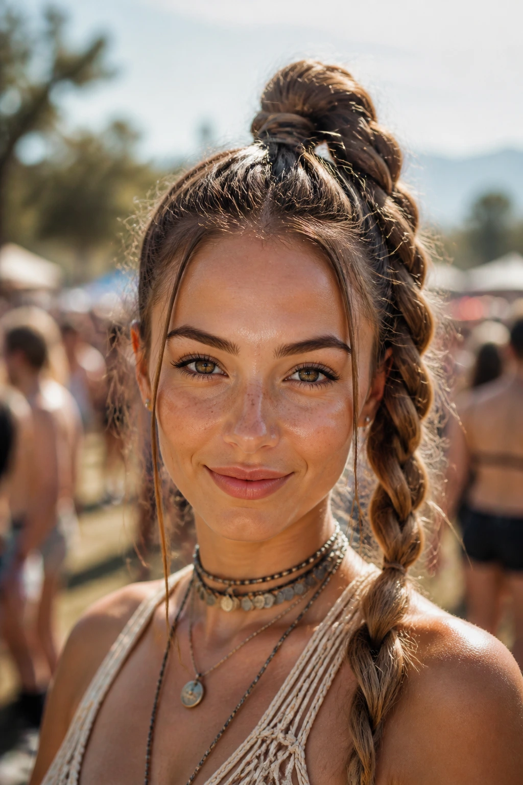 Close-up of a real person with a twisted high ponytail in natural daylight