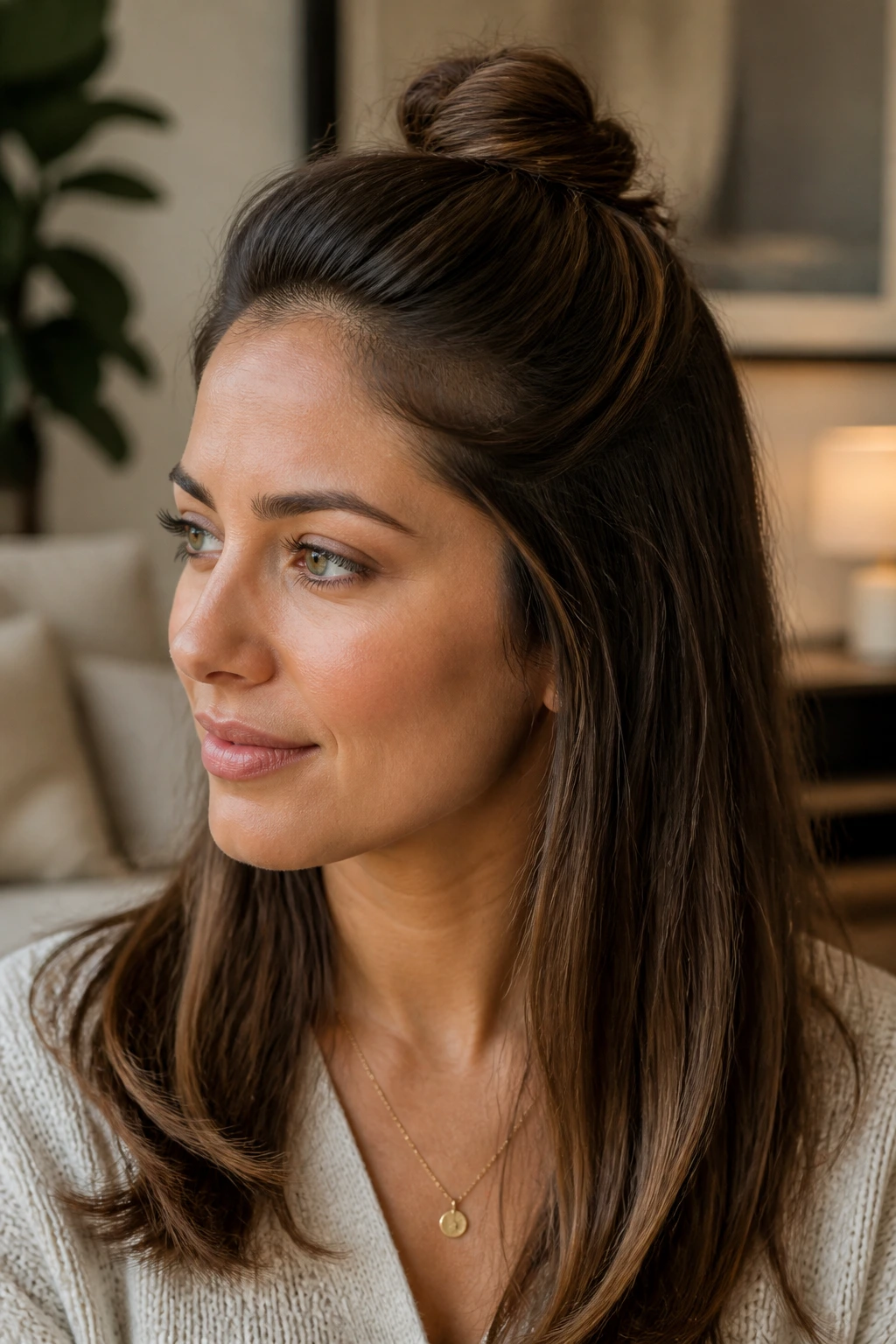 Portrait of a real woman with a half-back twisted knot hairstyle.