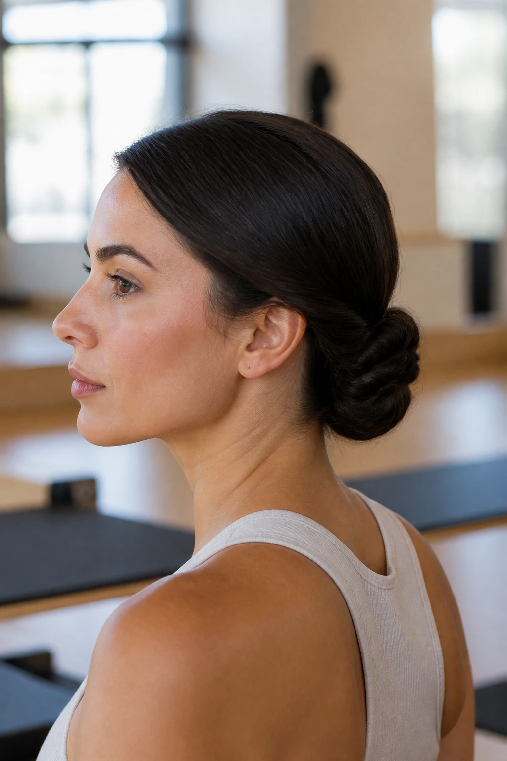 Close-up of a real woman with twisted low chignon for Pilates