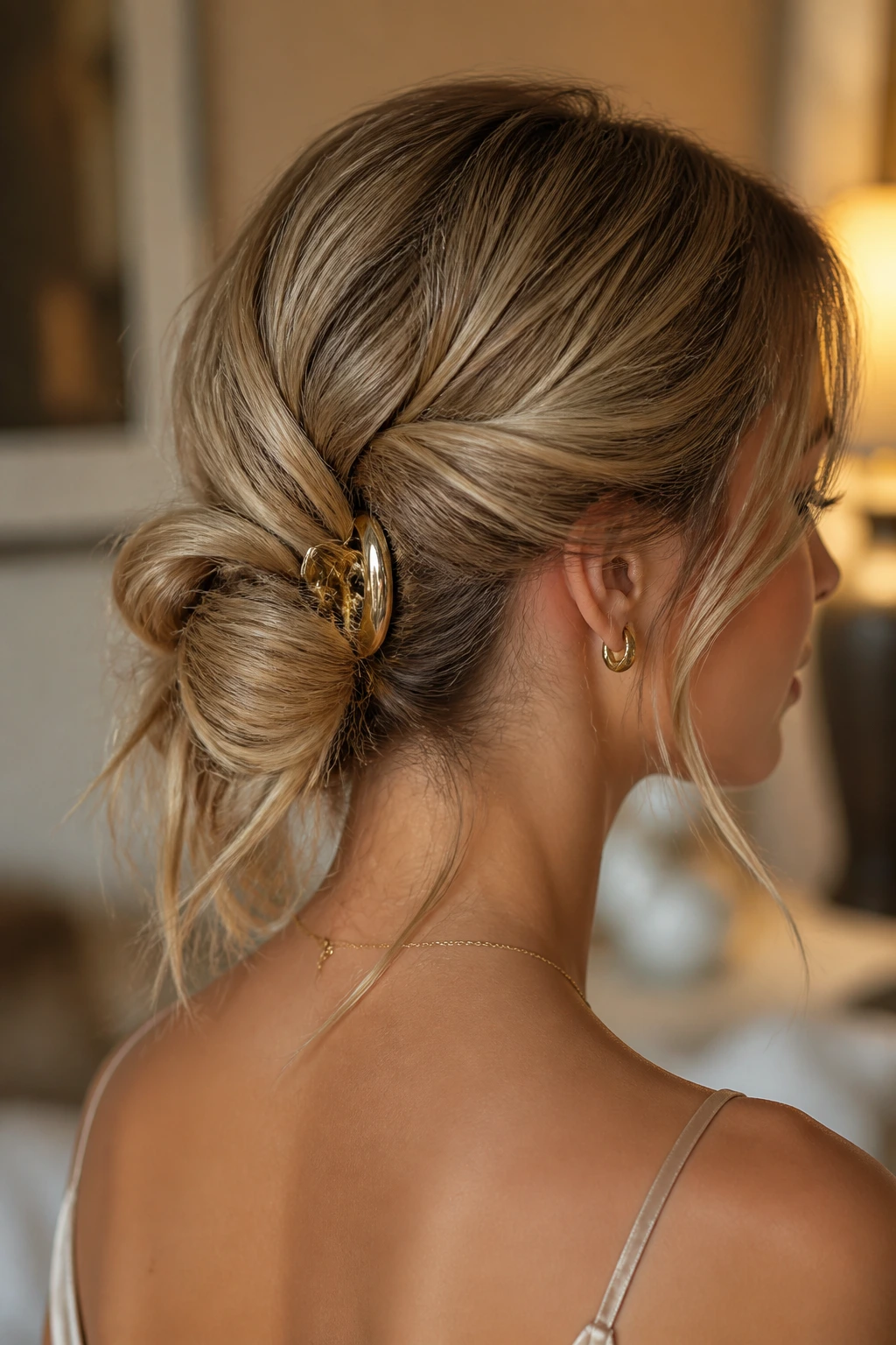 Close-up of a real woman with a twisted low loop hairstyle and decorative clip