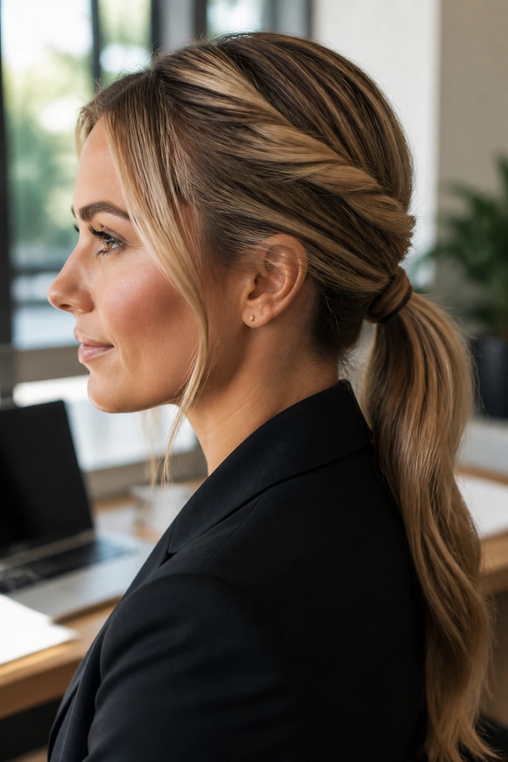 Close-up of a person with a twisted low pony in a sleek office