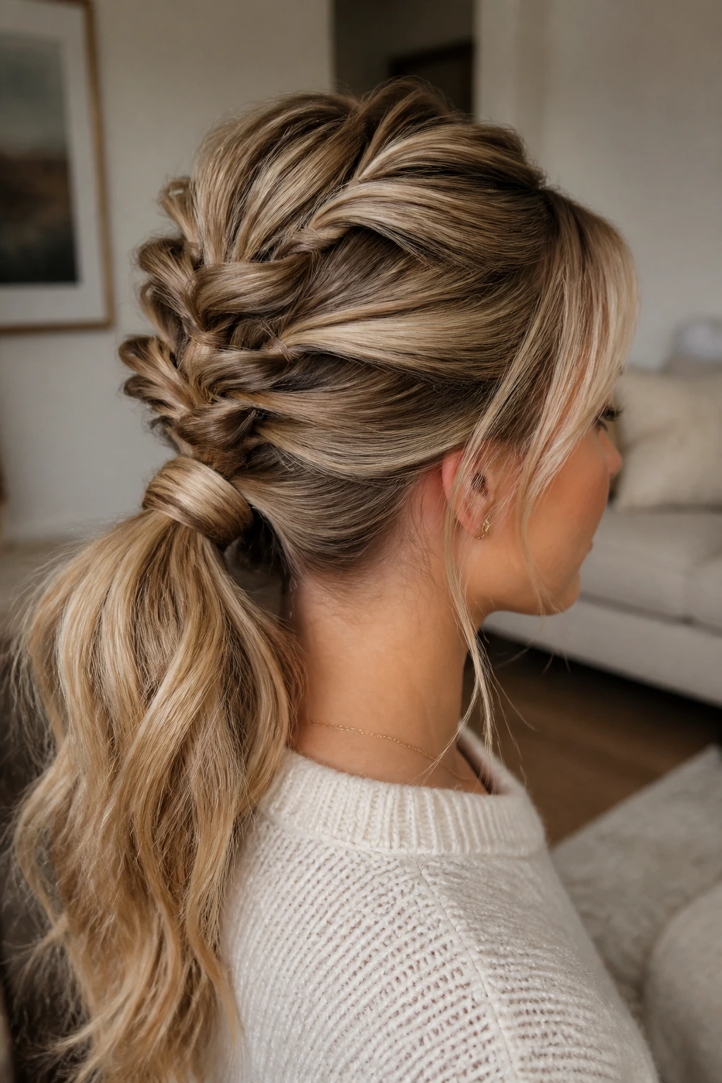 Close-up of a woman with a low ponytail featuring bubble loops