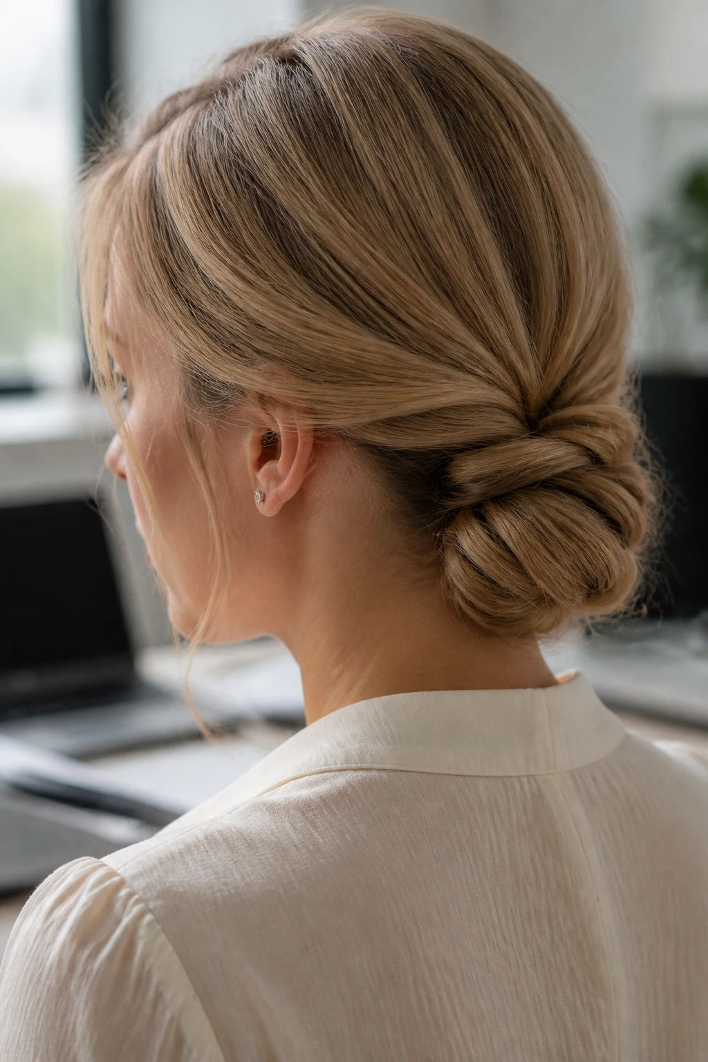 Close-up of twisted low-pony tail tuck at the nape on a real person