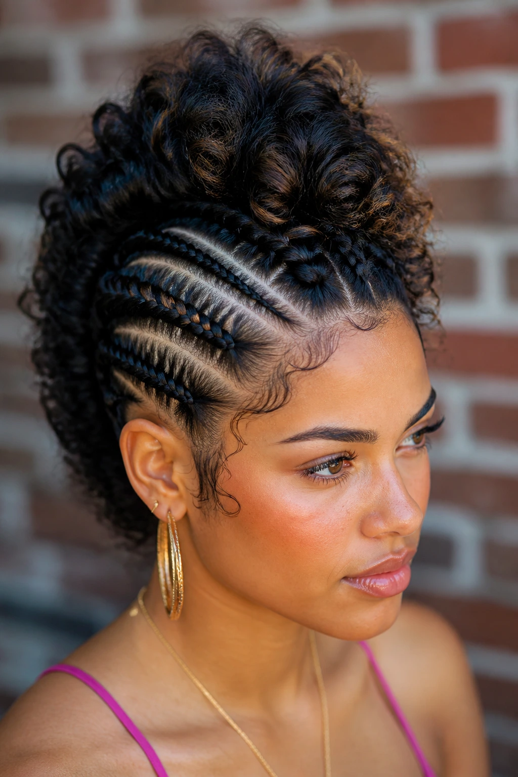 Close-up portrait of a real woman wearing the twisted Mohawk crown with a center braid.