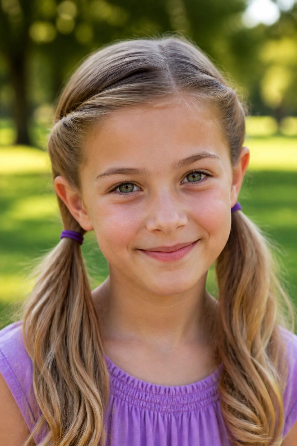 Close-up of a child with twisted side swept pigtails outdoors.