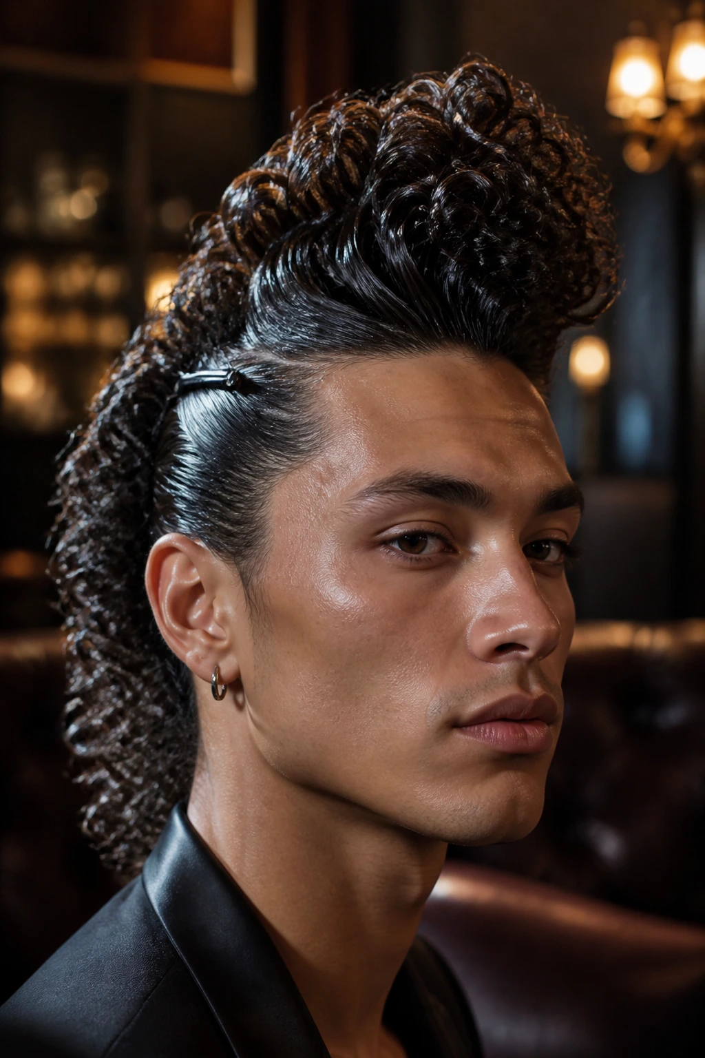 Close-up portrait of a real person with twisted pompadour hawk and slicked-back sides.