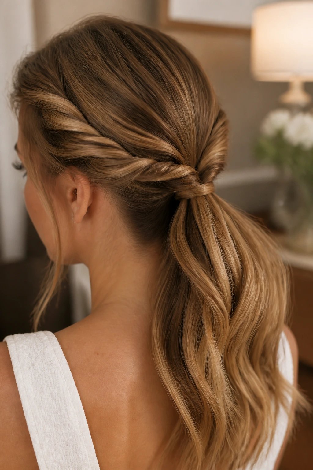 Close-up of a real woman with a twisted ponytail braid