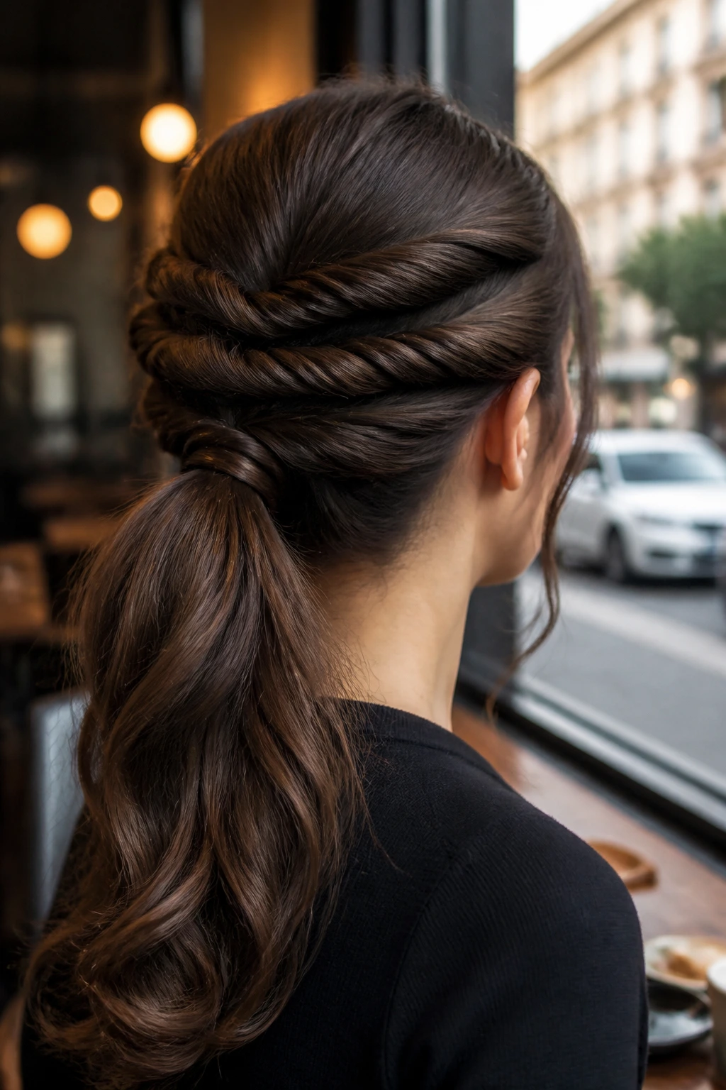Close-up of a real woman with a three-tier twisted ponytail visible from the back/side