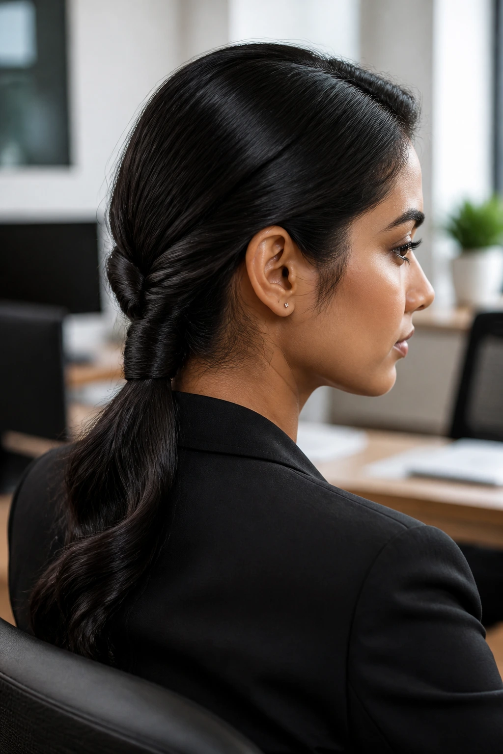 Close-up of a real woman with a twisted low ponytail in an office.