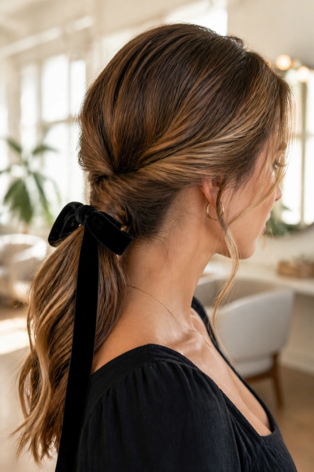 Close-up of a real woman with a low twisted ponytail and velvet ribbon at the base.