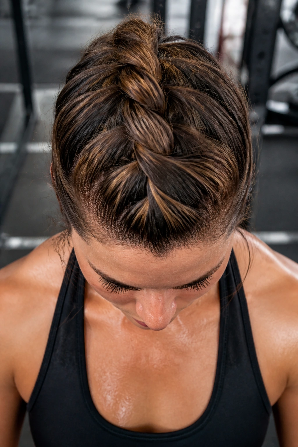 Front/top view of a thick rope braid on a real person