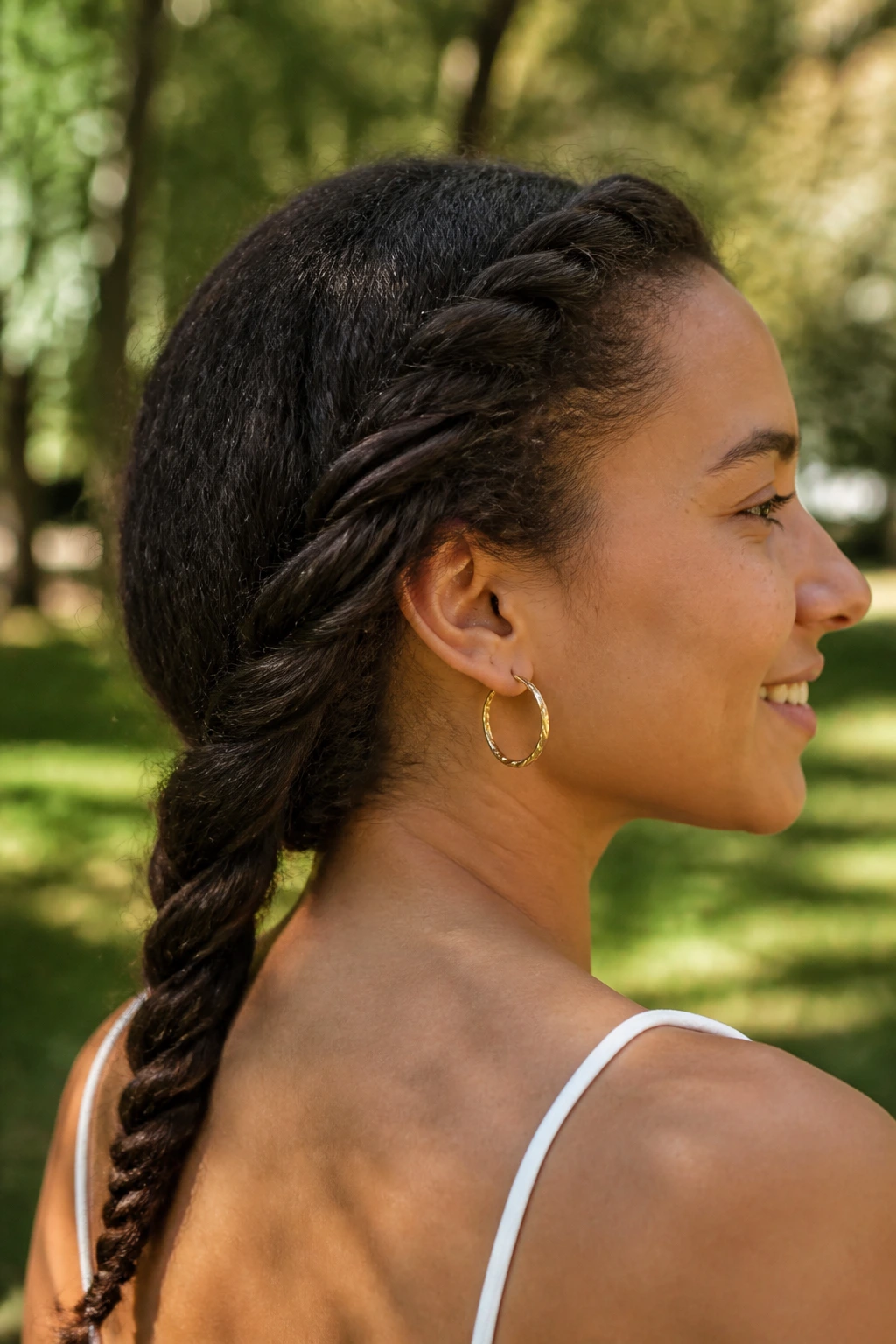 Close-up of a real person with a twisted rope braid in a sunny park