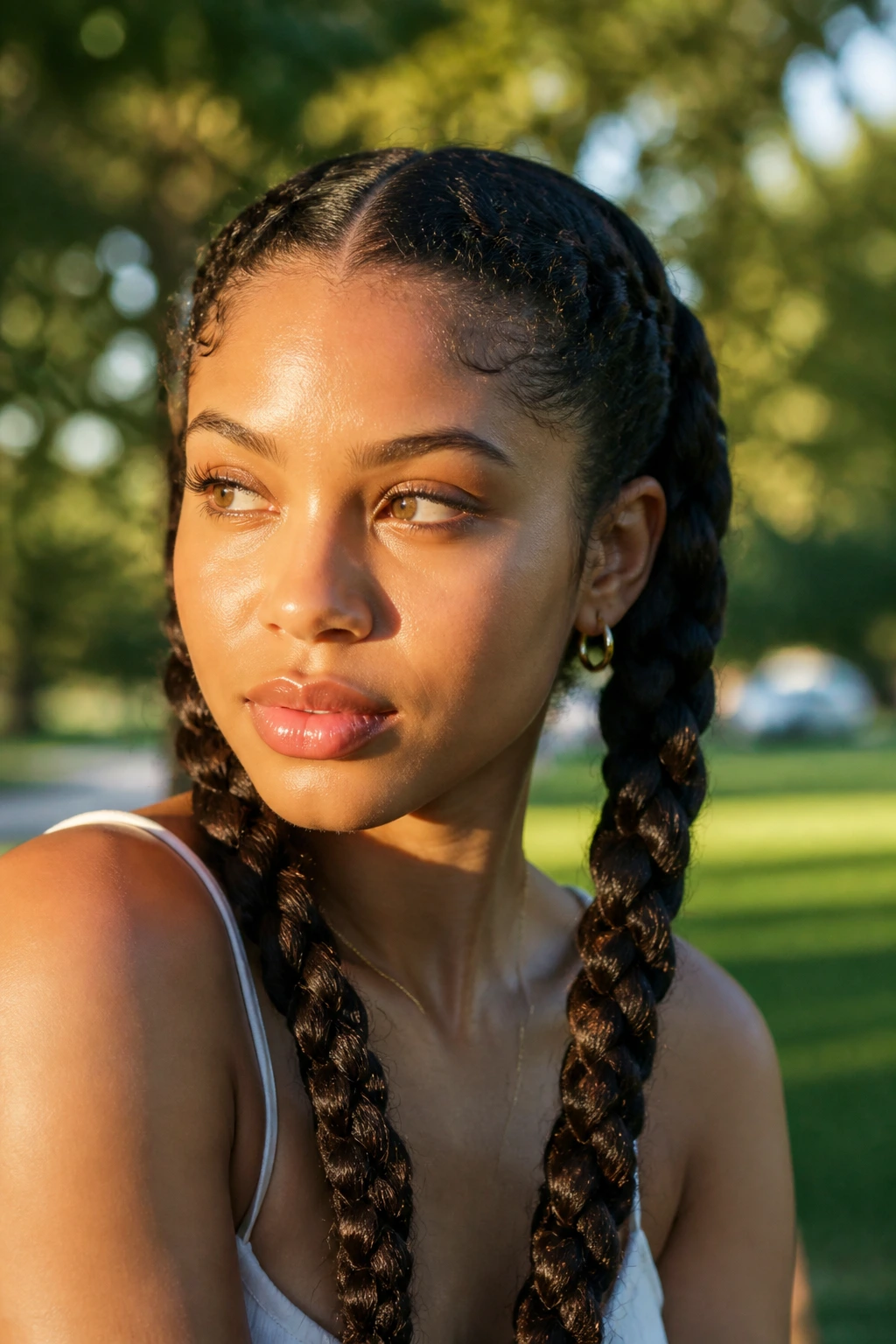 Real woman with two twisted rope braids in head-and-shoulders shot
