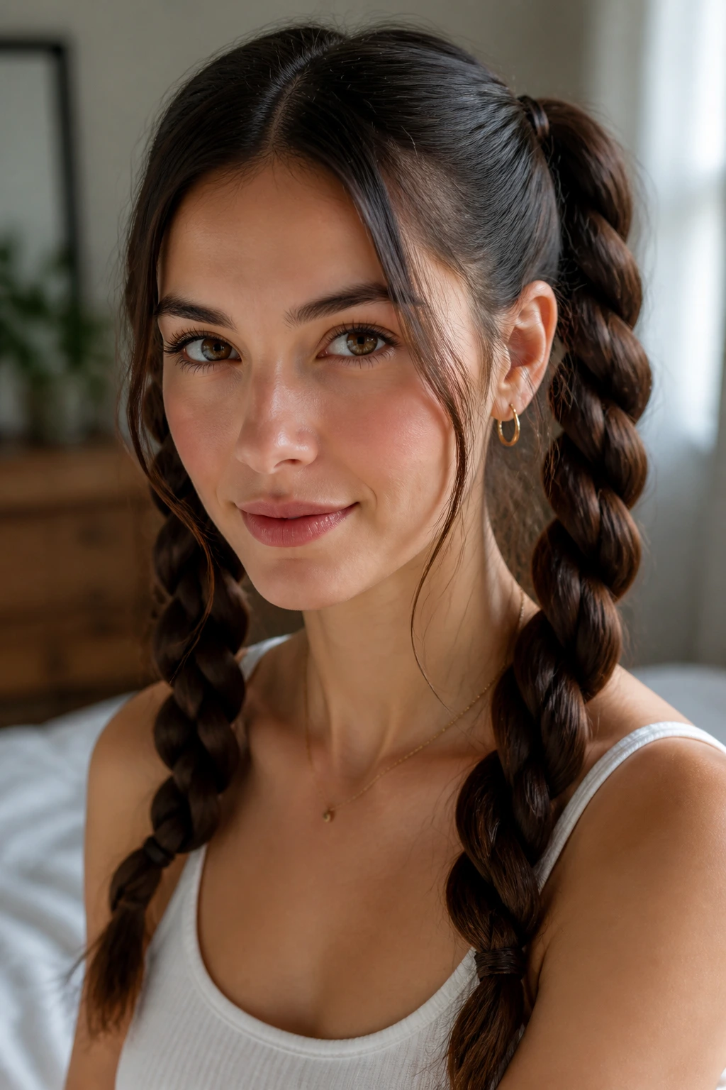 Close-up of Twisted Rope Pigtails on a real woman in a cozy bedroom