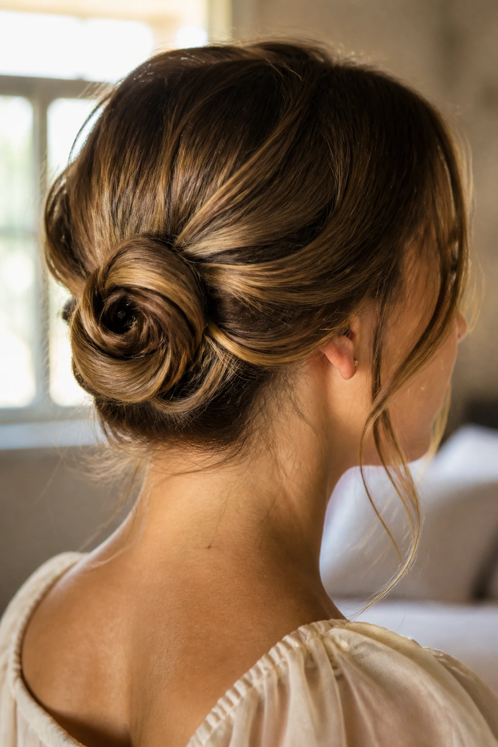 Close-up of a real woman with a twisted rose bud bun at the back in warm window light