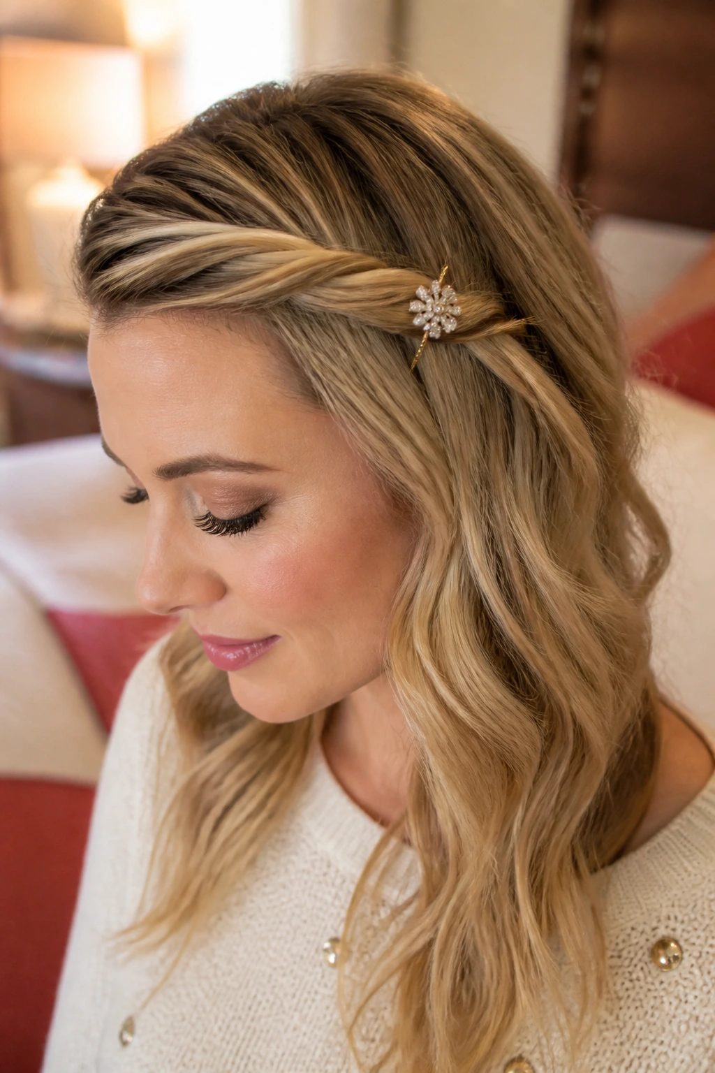 Close-up of twisted side bang tucked behind ear with glitter pin