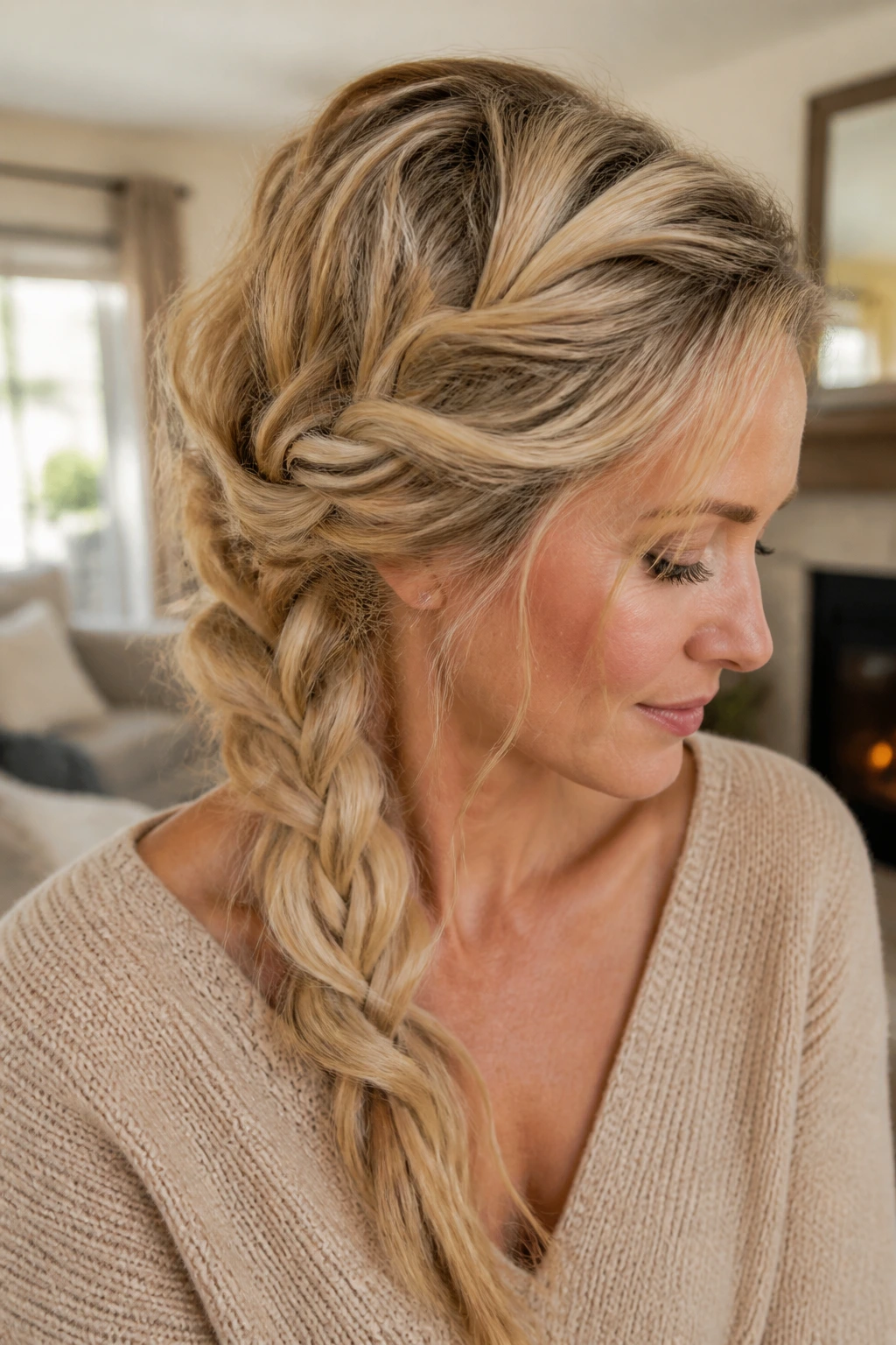 Close-up of a real woman with a twisted messy side braid.