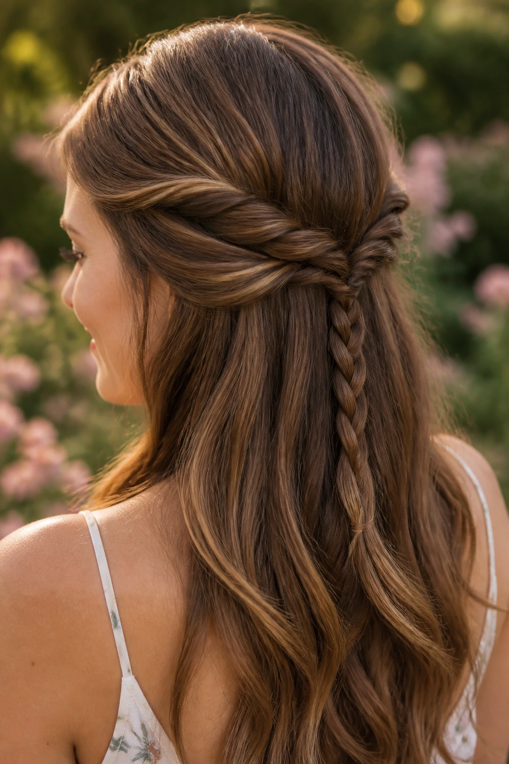 Close-up of a real woman with twisted side braids forming a half-up style.