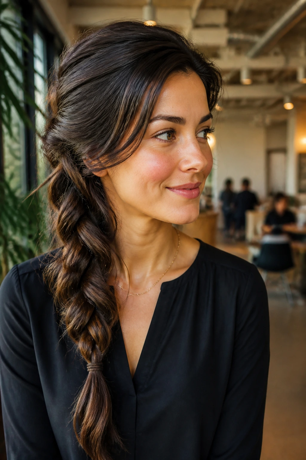 Close-up of real woman with twisted side braid and textured volume