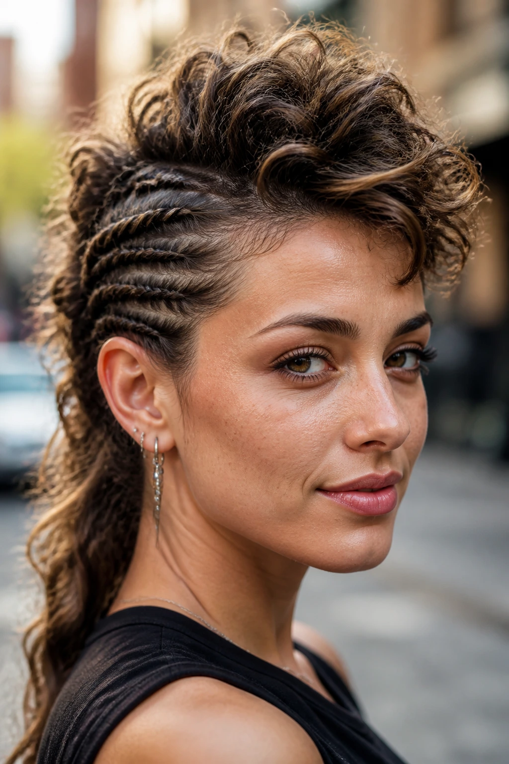 Close-up of a real person with twisted-side faux mohawk on urban street