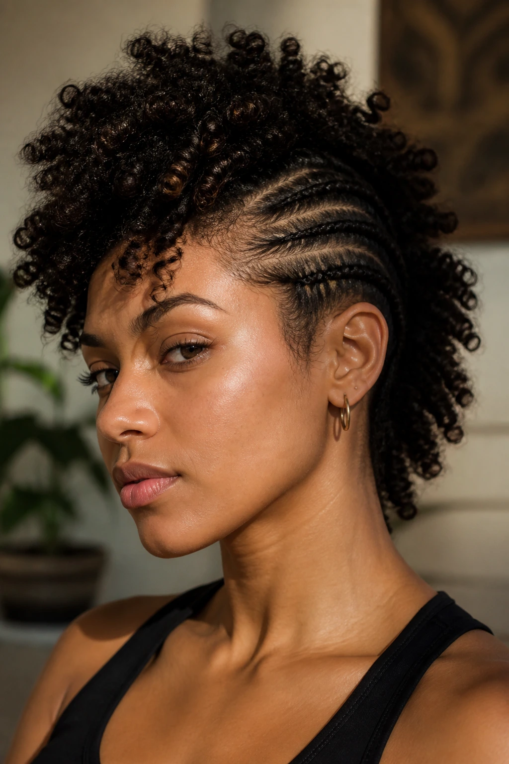 Close-up portrait of a real person with flat twists forming a center hawk.