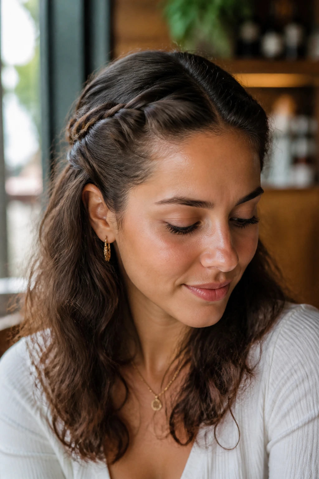 Close-up of a real person with two small twisted front sections behind the ears
