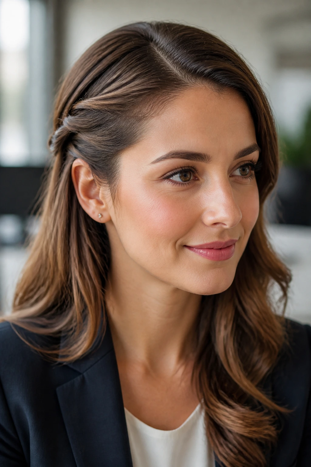 Portrait of a woman with a twisted side-part hairstyle in an office