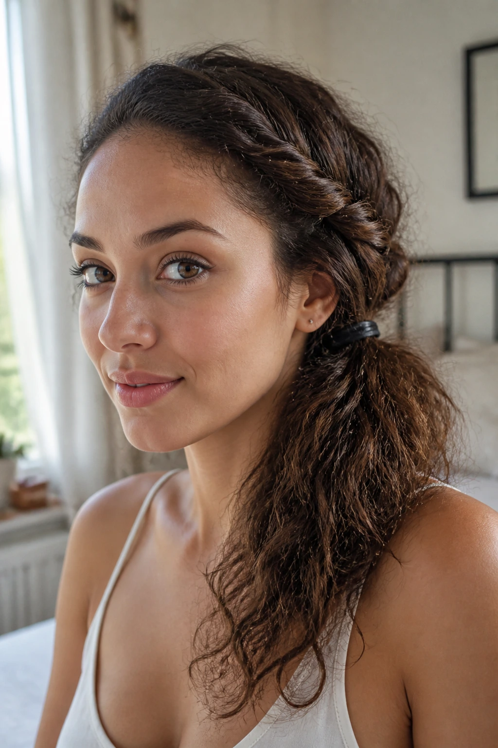 Close-up portrait of a real woman with a twisted side ponytail and voluminous frizzy hair