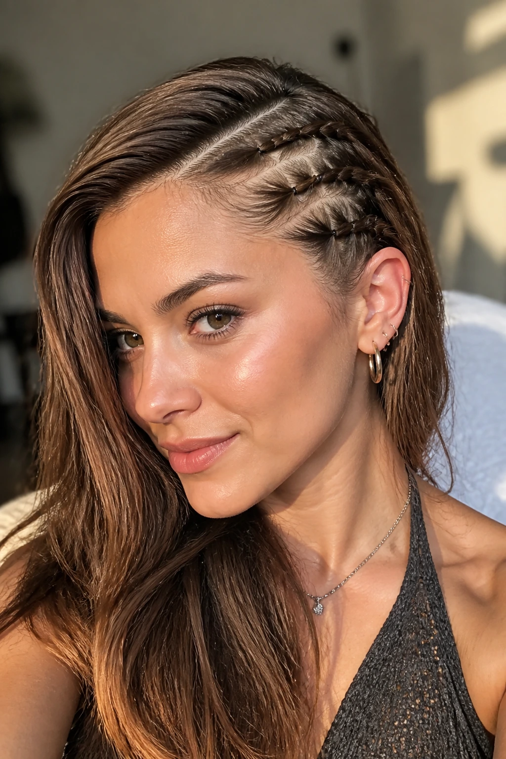 Close-up of a real person with twisted side swept accents pinned behind the ear