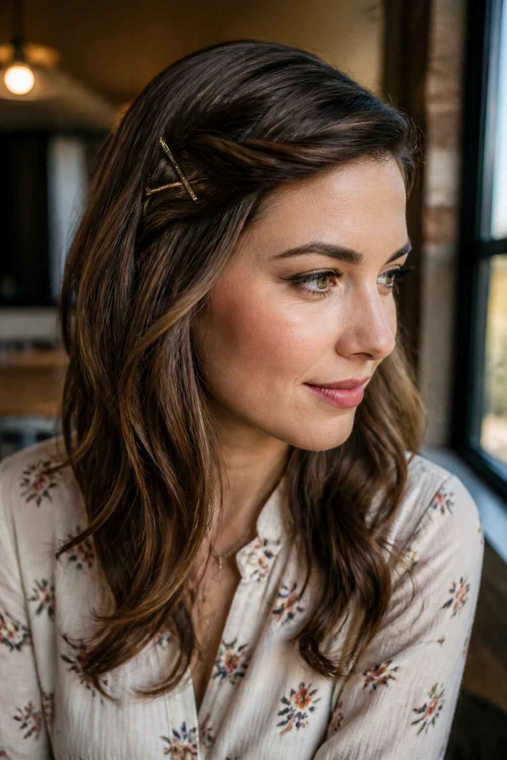Close-up of a real woman with a twisted side-swept hairstyle pinned with two pins in an X shape