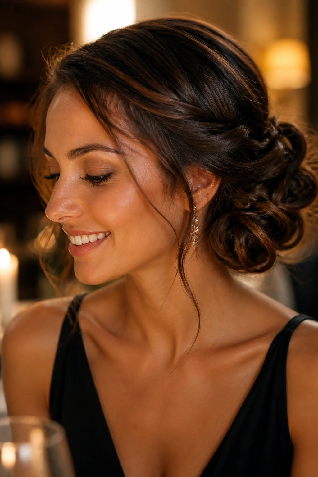 Close-up of a woman with a twisted side-updo for an elegant look