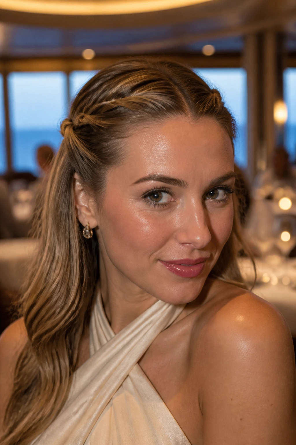 Close-up of a woman with twisted sides pinned back on a cruise ship.