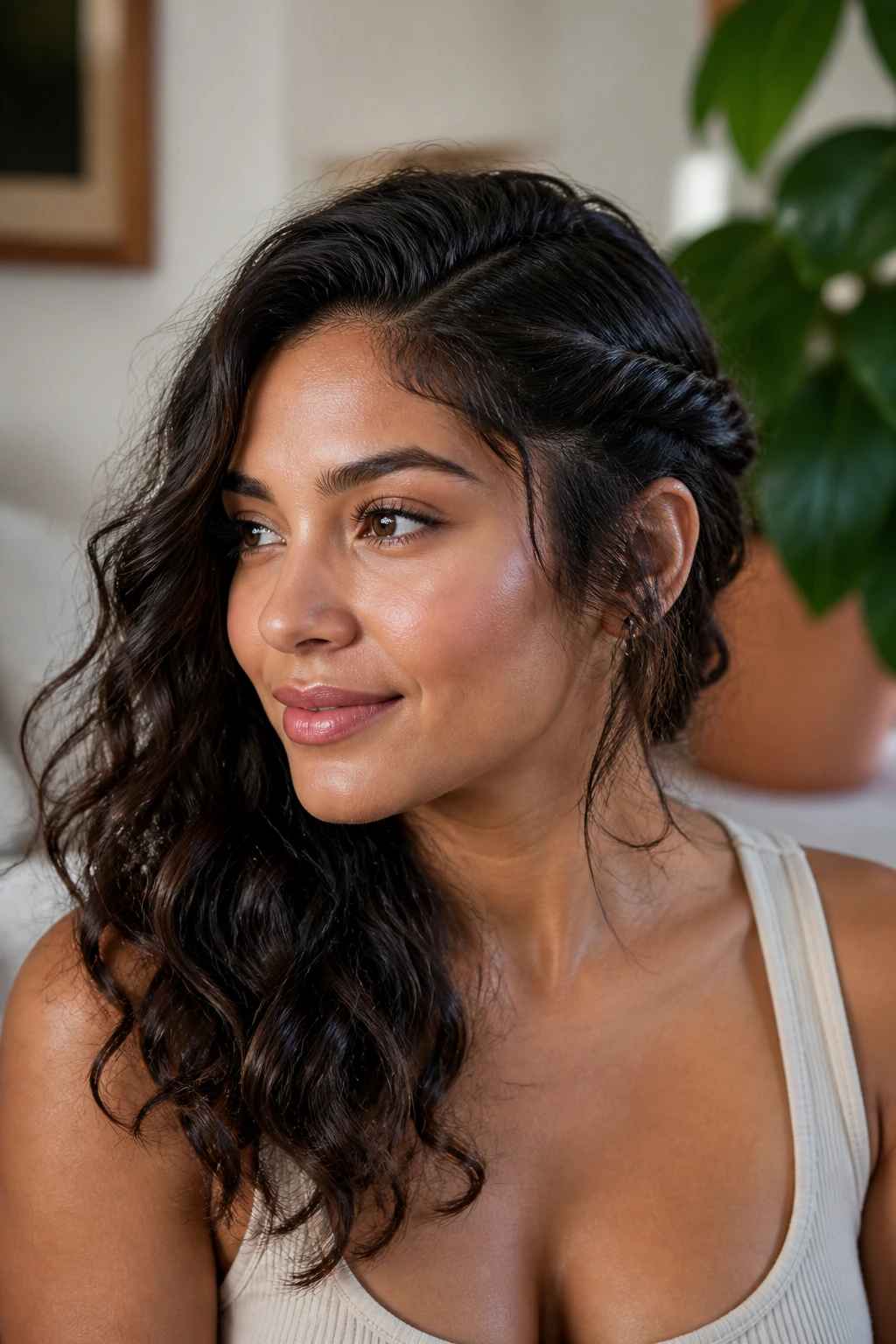 Close-up of a real woman with a twisted side sweep hairstyle.