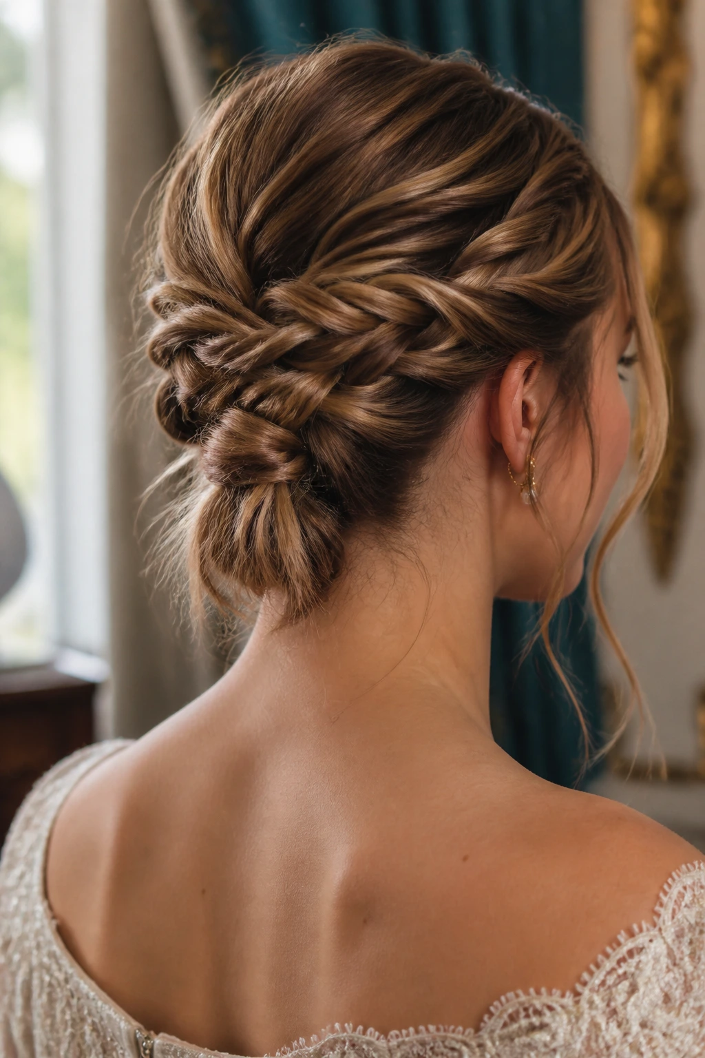 Close-up of a real person showing a twisted tassel updo at the nape.