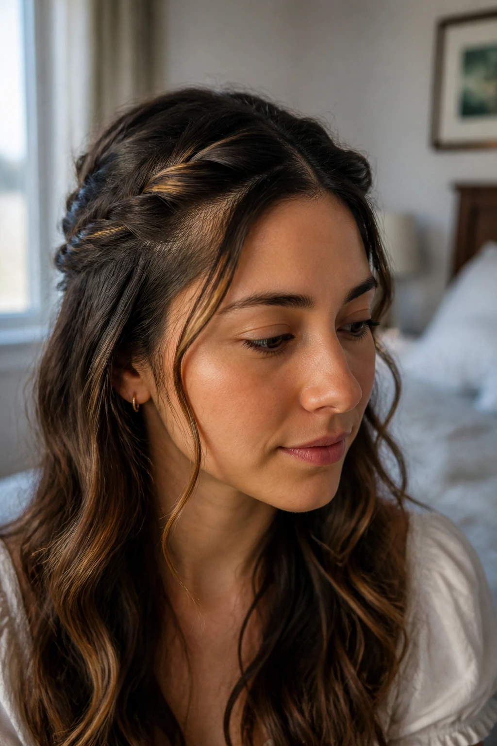 Close-up portrait of a real person with two twisted tendrils along the hairline