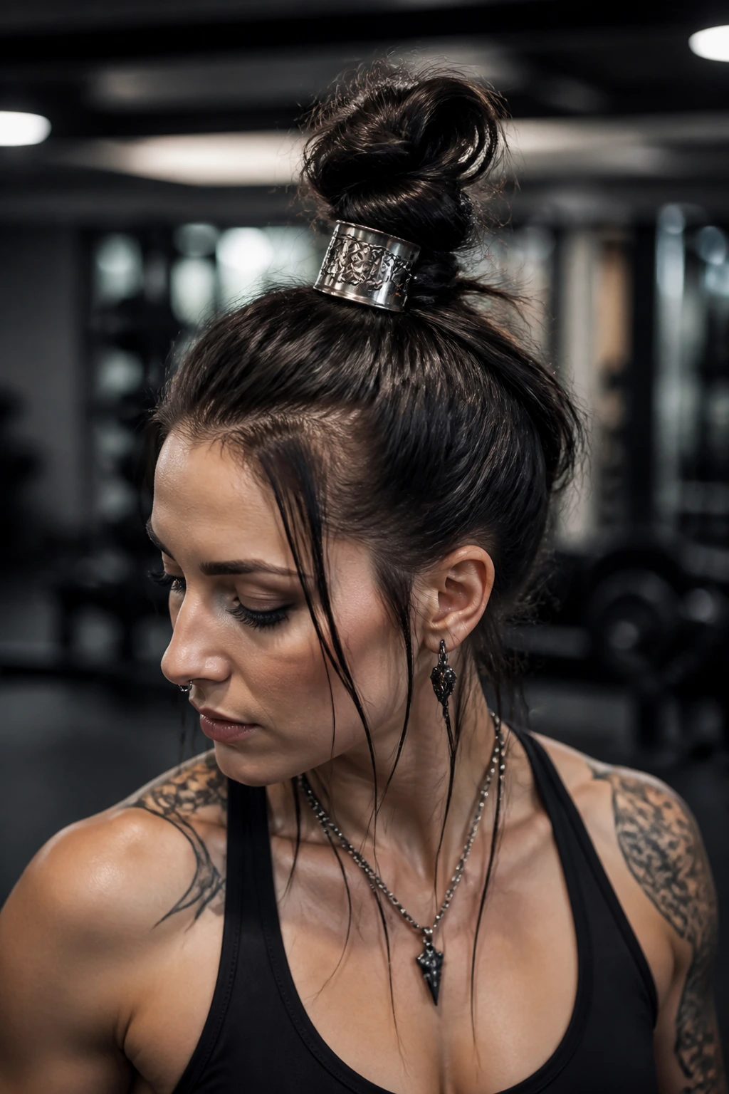 Top-knot with cuff hairstyle on real person in gym setting