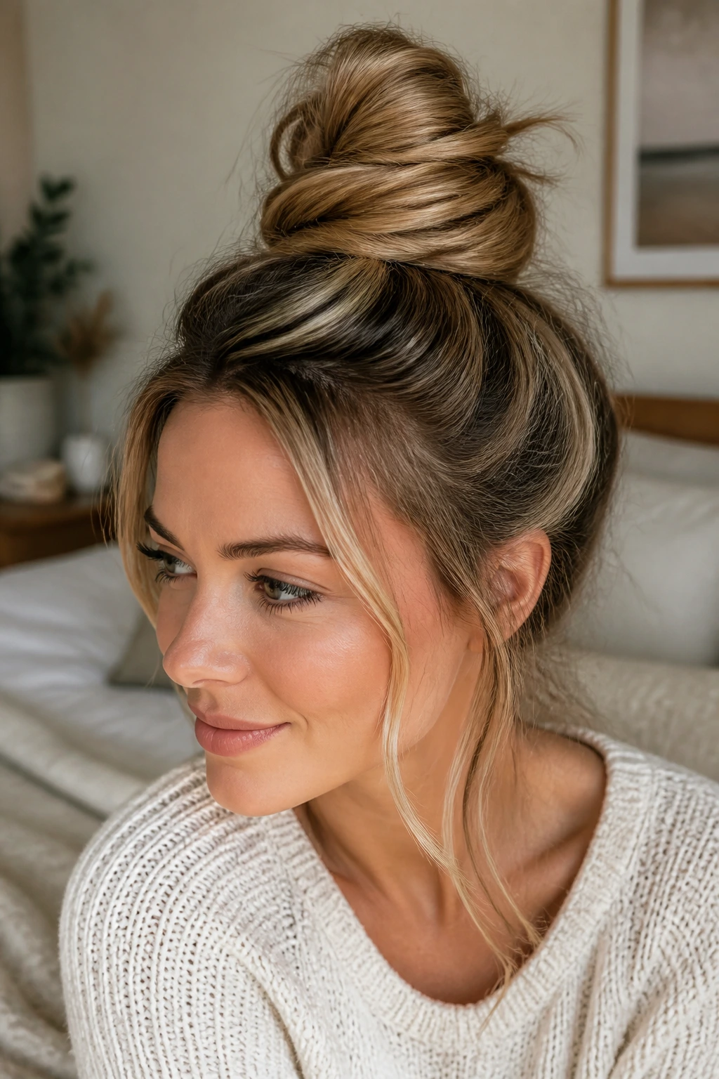 Close-up of a messy twisted top knot with face-framing tendrils