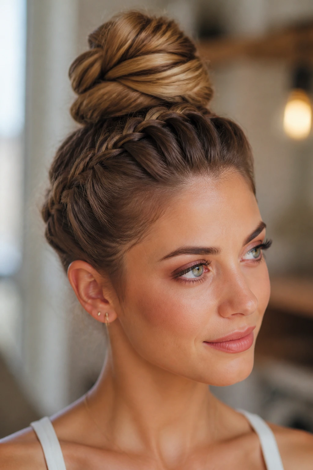 Real person with high twisted top knot hairstyle