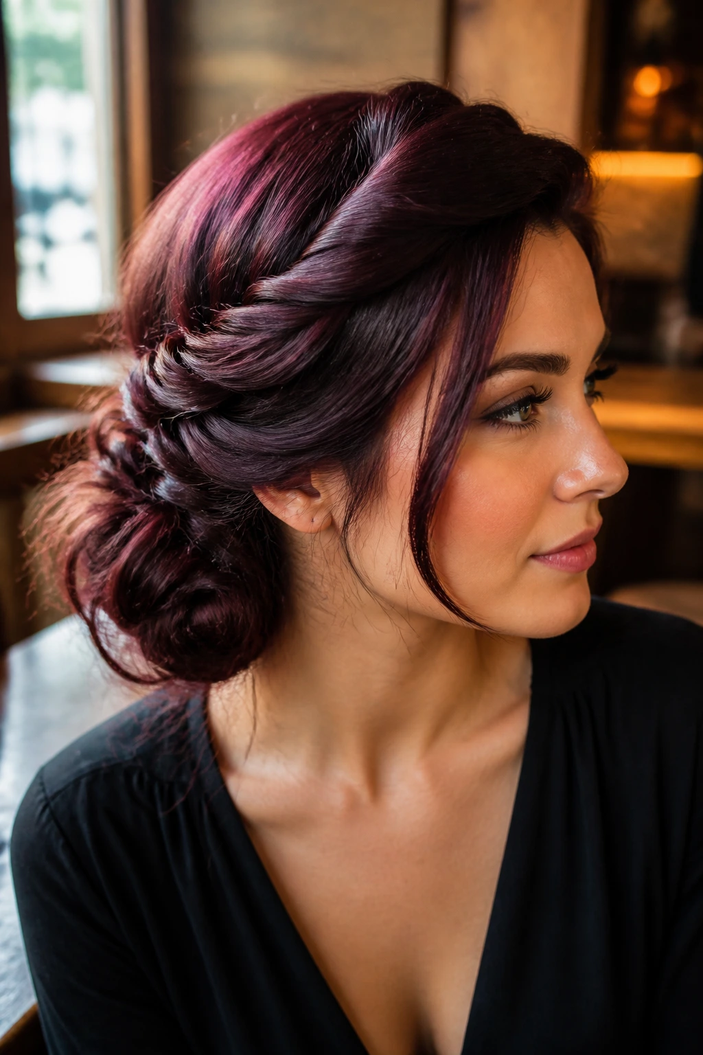 Close-up portrait of a real woman with a twisted side updo in maroon hair