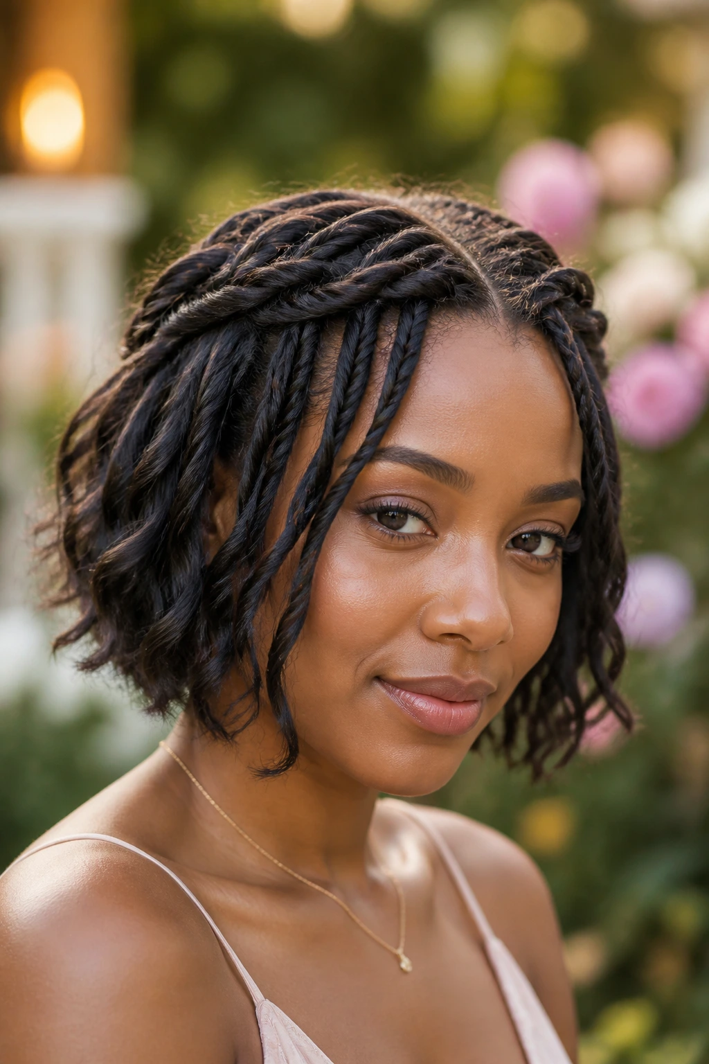 Close-up of a woman with twisted waterfall braids