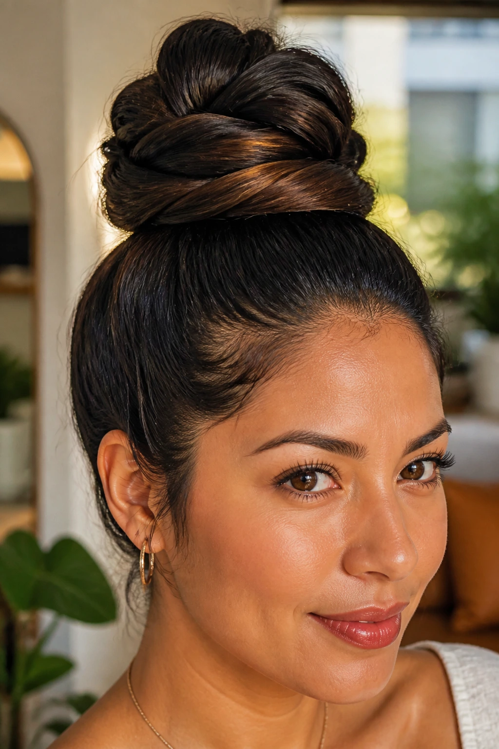 Close-up of a real woman with a twisted high bun.
