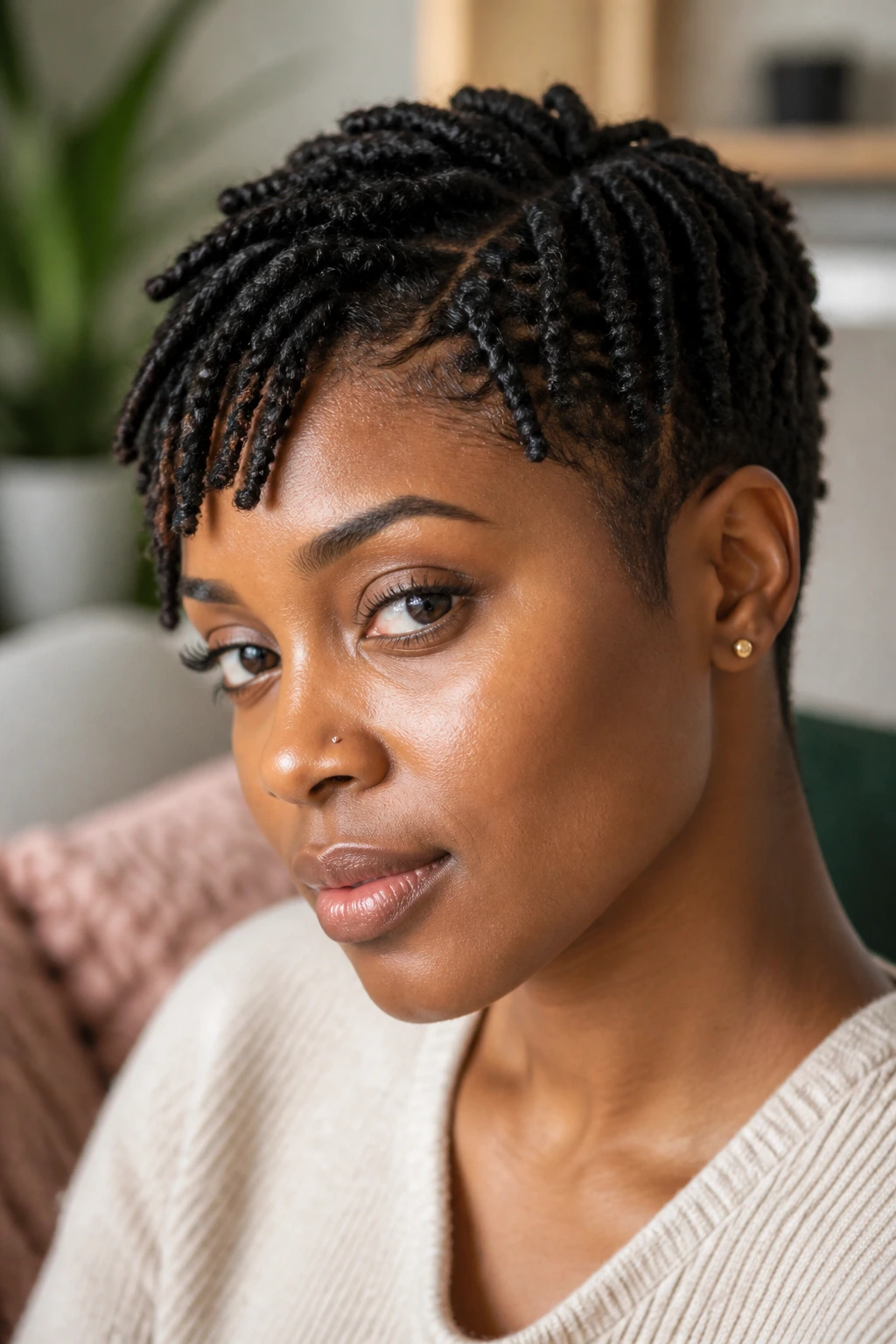 Close-up of a real person with short hair styled in two-strand twists in warm living room light