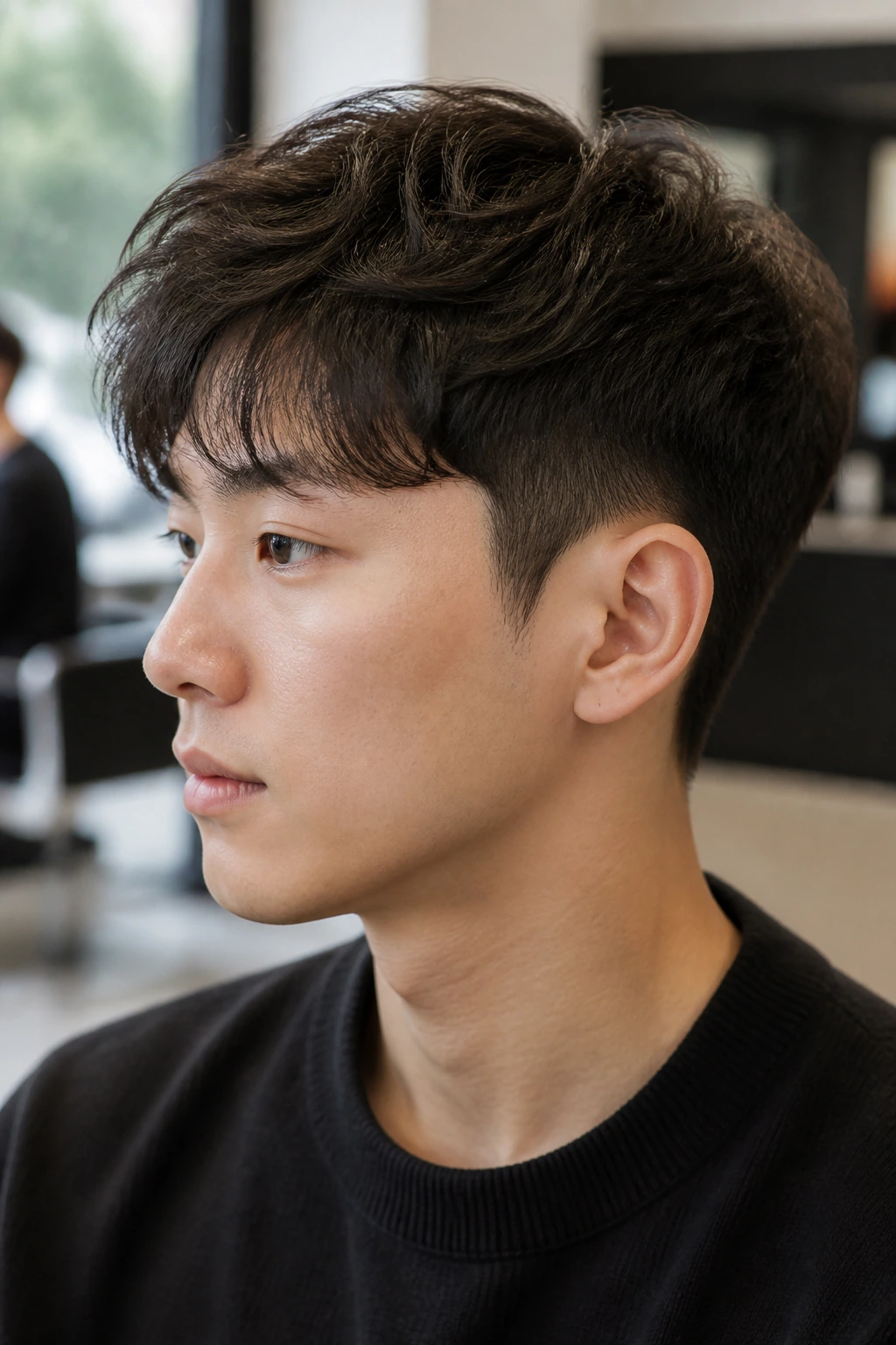 Close-up of real person with two-block cut and textured top