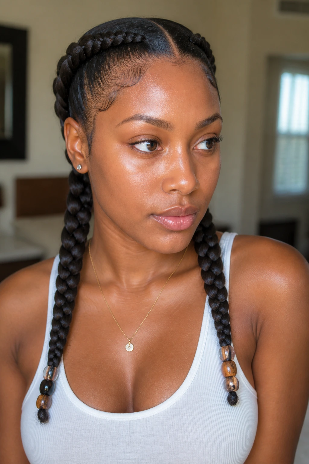 Two-braid minimalist Fulani hairstyle close-up