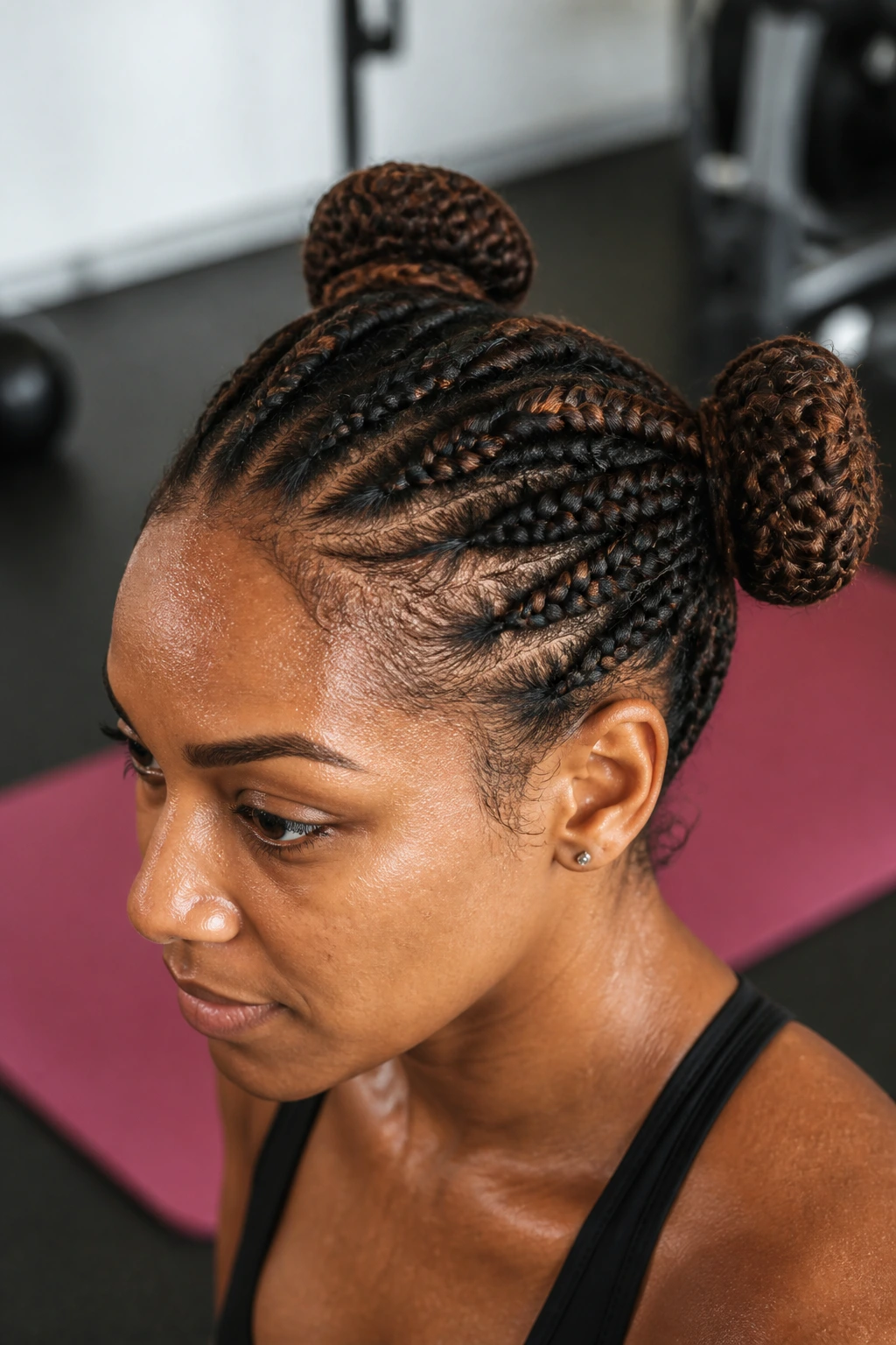 Real woman with two spaced buns on top and back of head during workout.