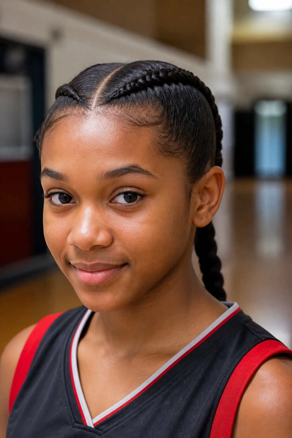 Close-up of a real person with two cornrows starting at the hairline straight back.