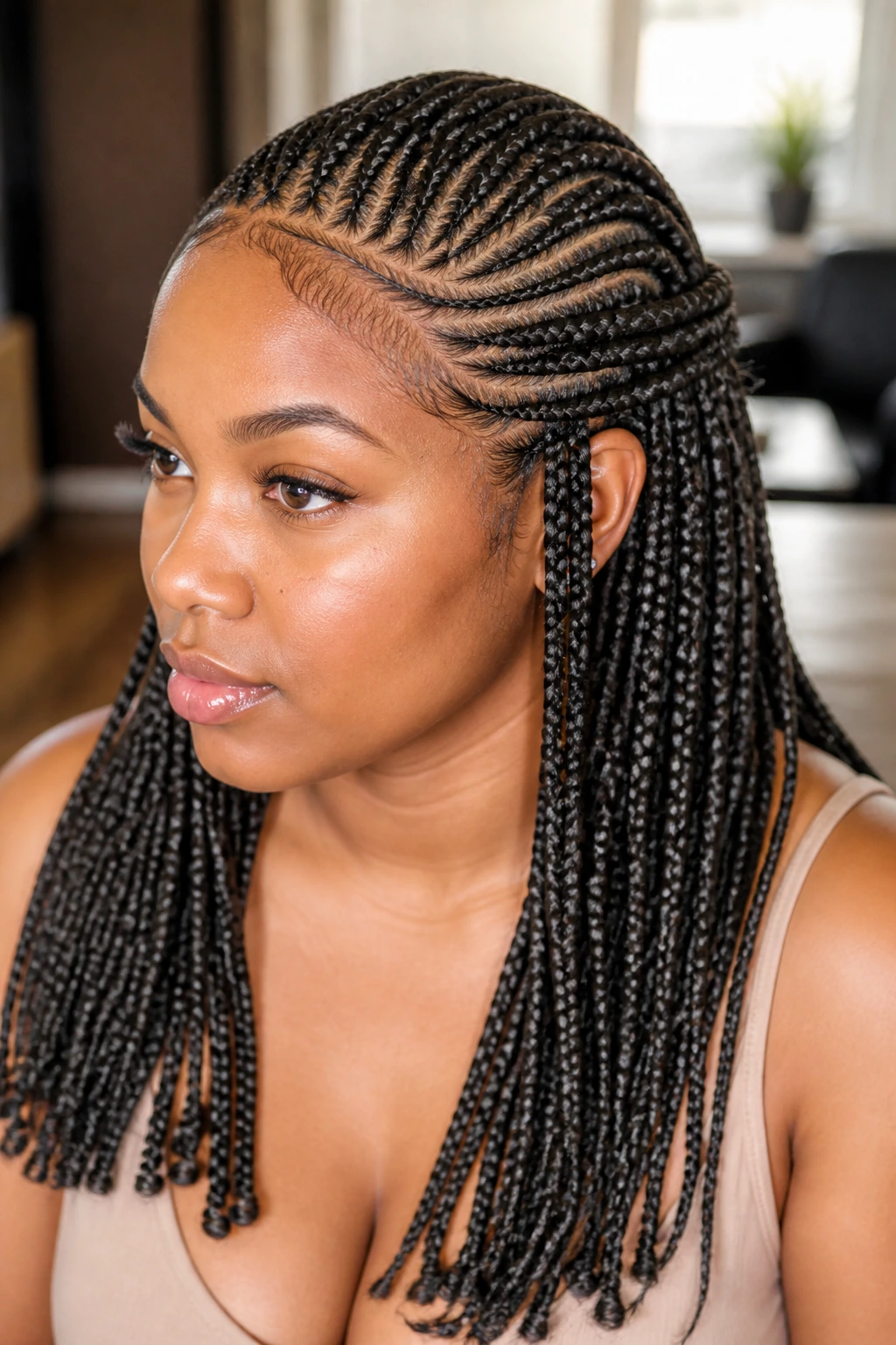 Portrait of woman with two-layer feed-in braids showing top intricate layer and longer base
