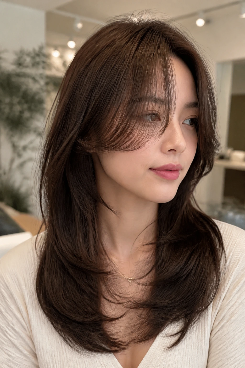 Close-up of a real person with two-layer curtain bangs in warm salon lighting