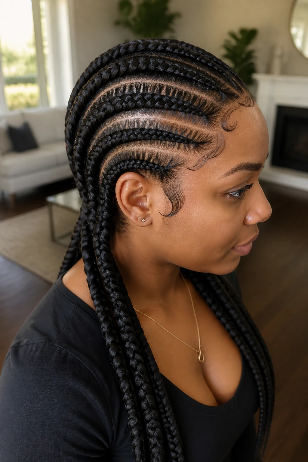Close-up of two-layer cornrows on a real person in a living room